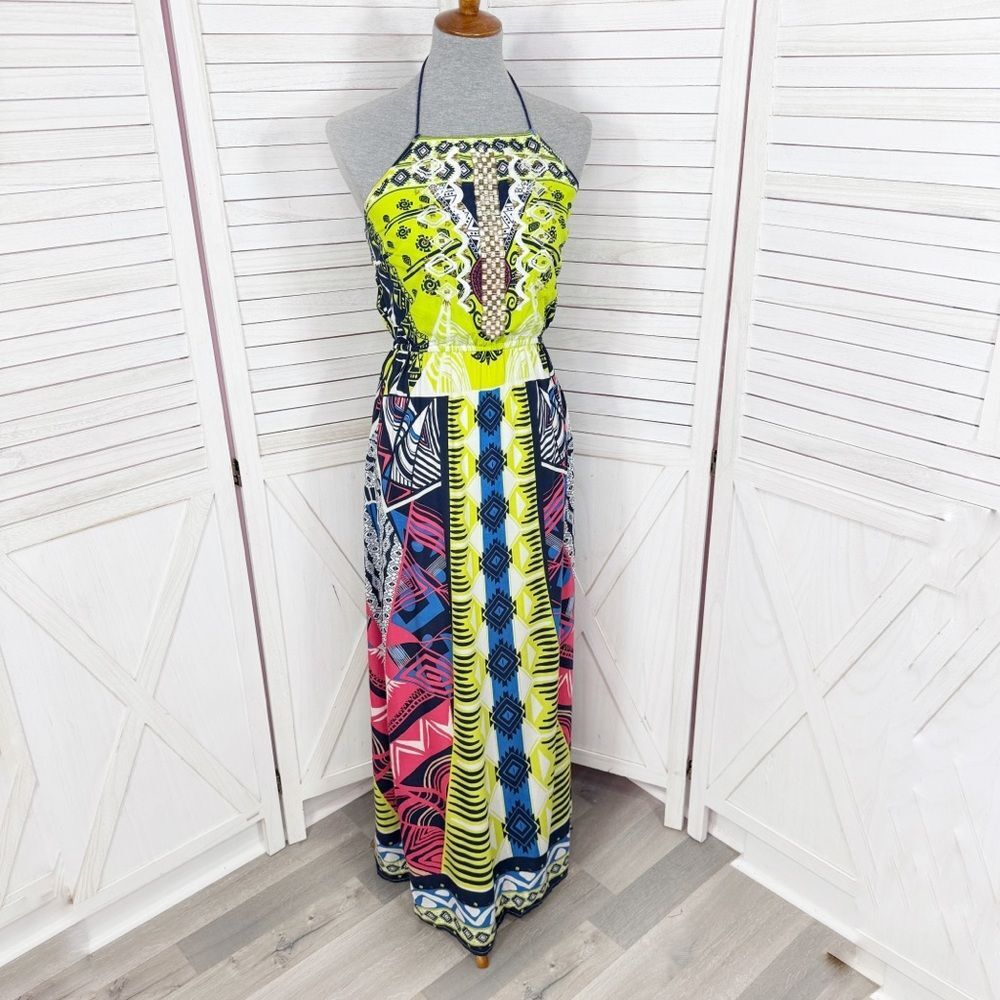 Alya Tribal Print Beaded Maxi Halter Dress Neon Yellow Multicolor Small